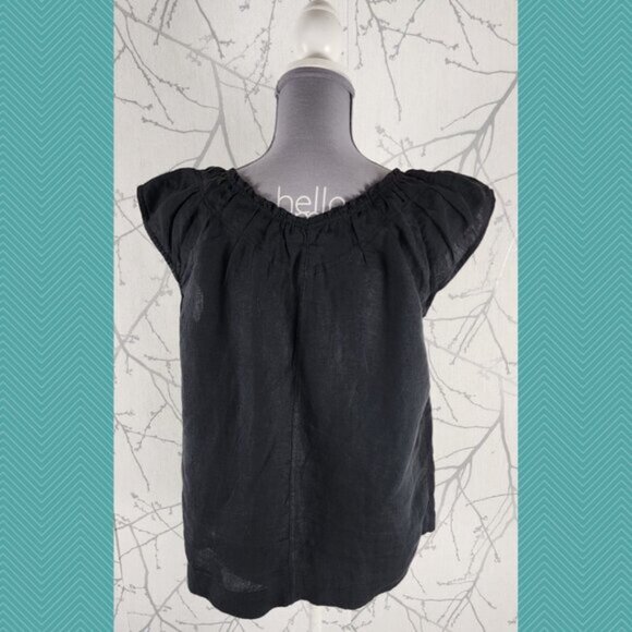 Pineapple Designs Black 100% Linen Cap Sleeve Peasant Top - Picture 4 of 5